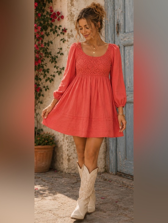 L Love Dresses & Skirts - L Love Coral Boho Babydoll Dress Medium Puff Sleeve Cottagecore Peasant Mini